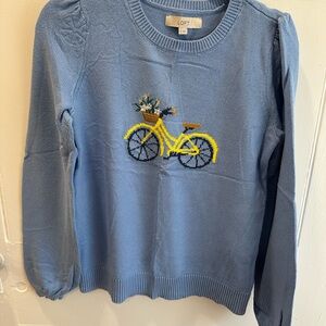 LOFT Blue Crewneck Sweater with Yellow Bicycle Motif